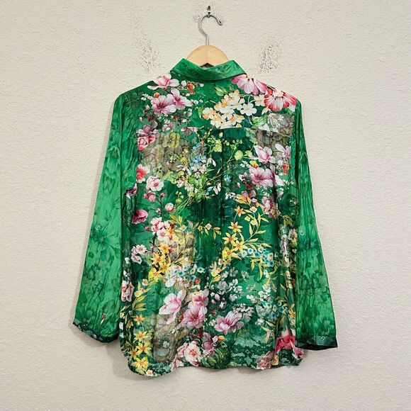 CIENNA Floral Shirt Green Button Up Roll Tab Sleeve Satin Silk Boho - Picture 2 of 12